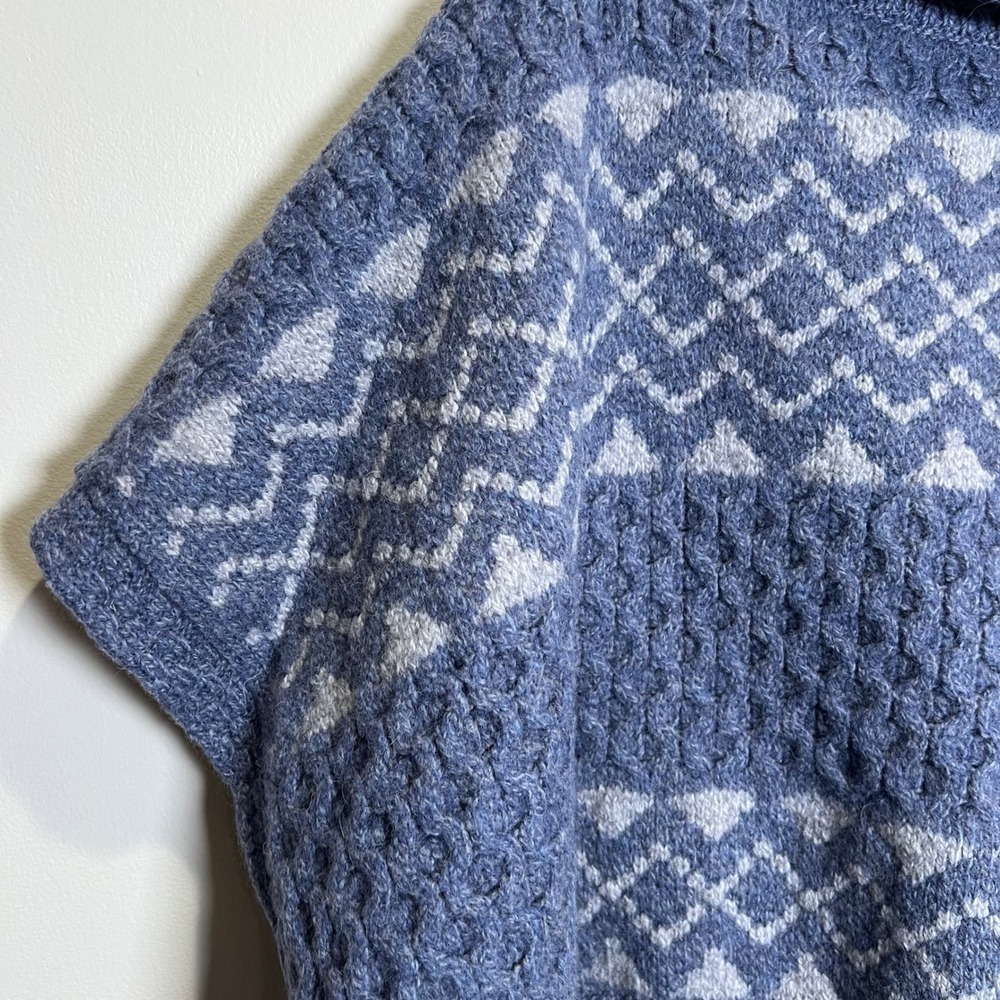 Aran Woollen Mills Poncho OS Blue Fair Isle 100% Merino Wool Cowl Neck Cape - Picture 2 of 6